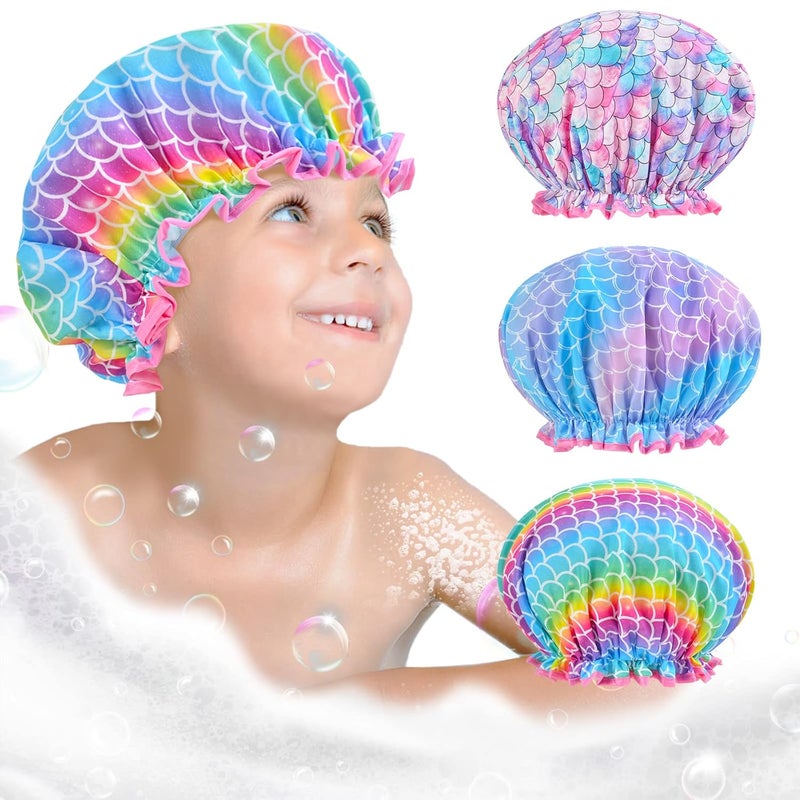 OlyPegic Kids Shower Cap, 3 Pcs Girls Shower Cap for Kids Reusable Waterproof Adjustable Large Hair Cap Unicorn Mermaid Rainbow Cute Hair Cover Hat - Image 1